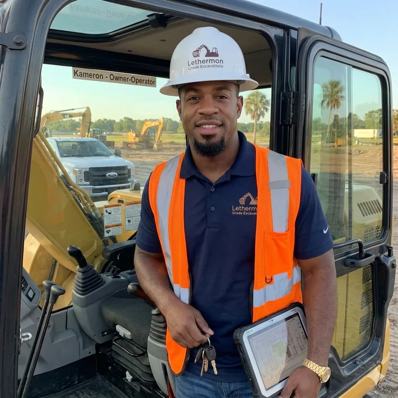 Kameron Lethermon in hardhat and safety vest ready for excavation work